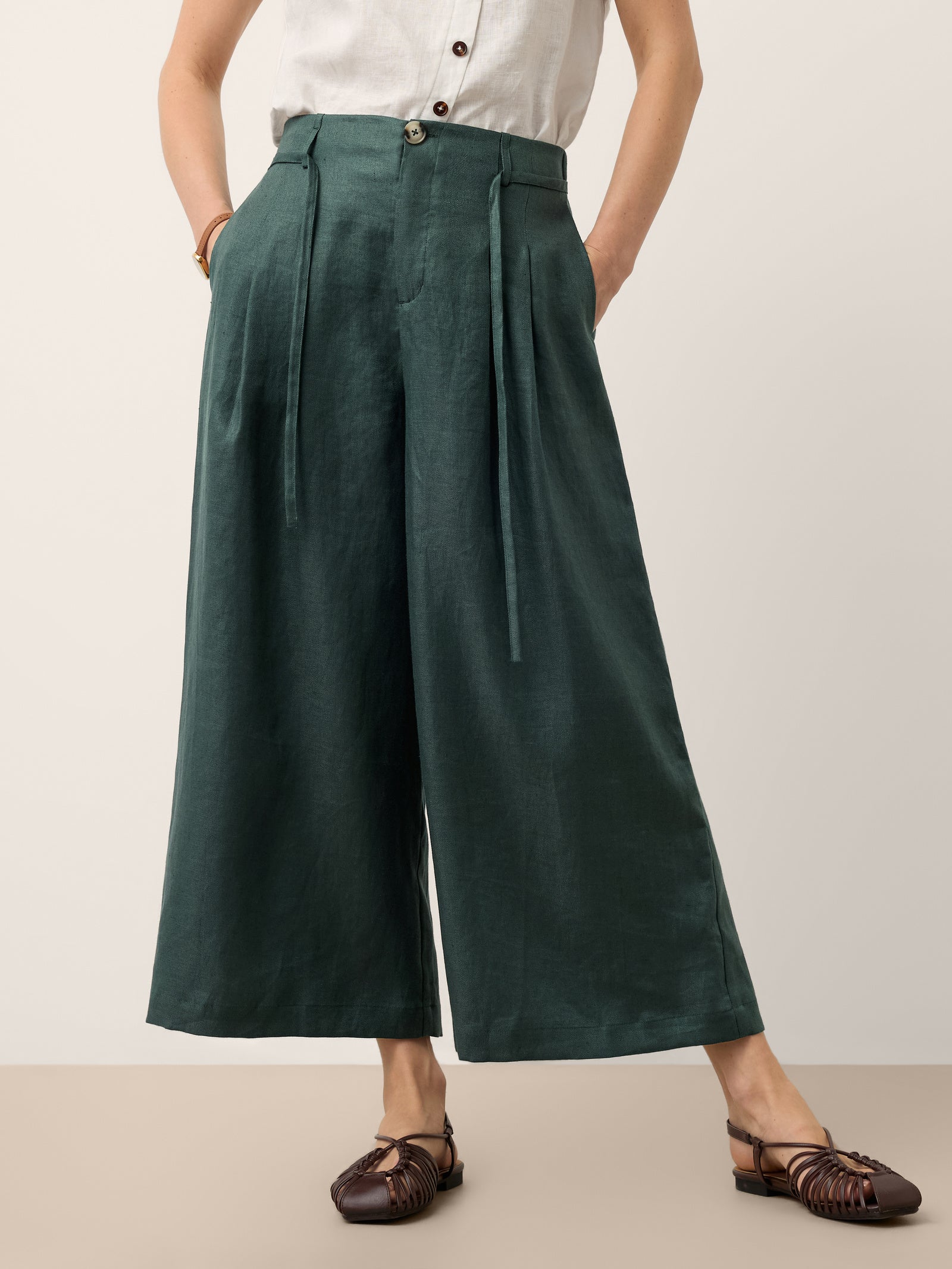 100% Linen Side Tie Elasticated Waist Wide Leg Cropped Pants CAMILLA
