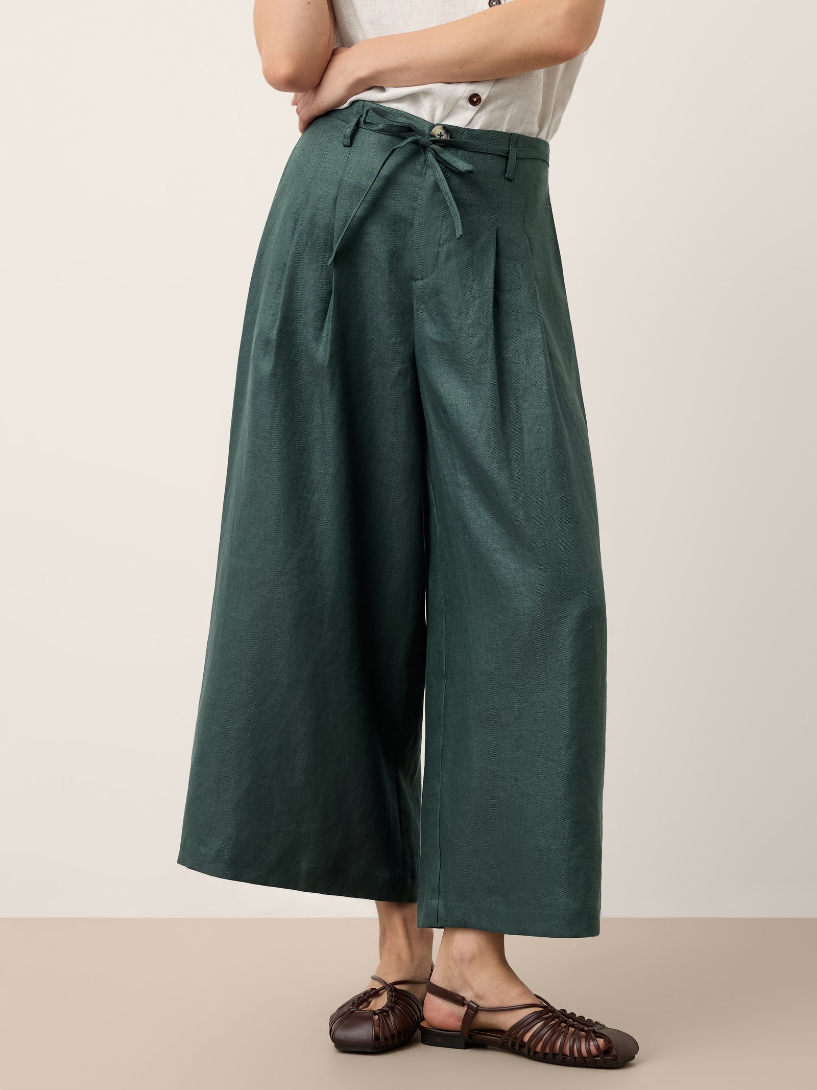 100% Linen Side Tie Elasticated Waist Wide Leg Cropped Pants CAMILLA
