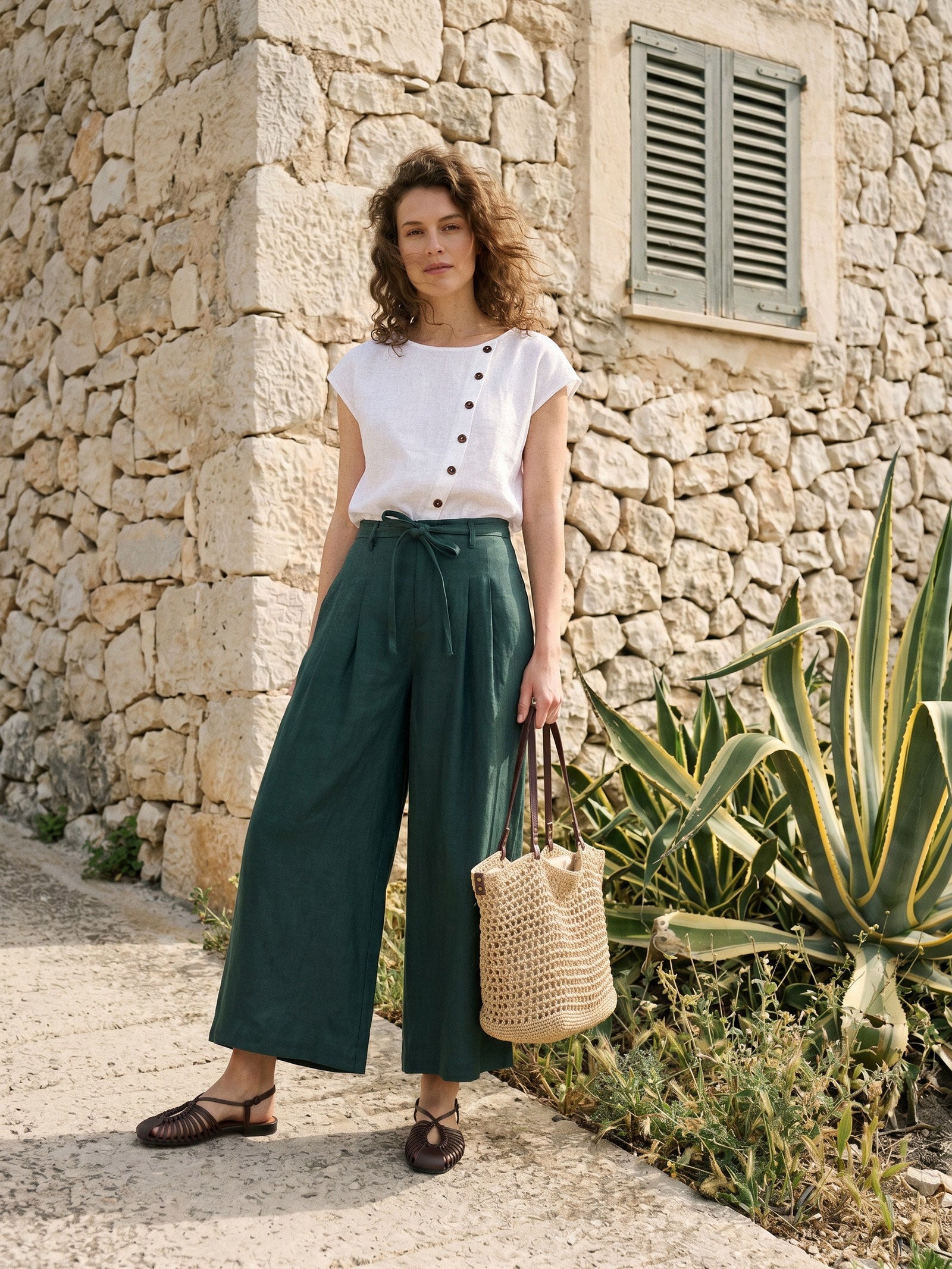 100% Linen Side Tie Elasticated Waist Wide Leg Cropped Pants CAMILLA