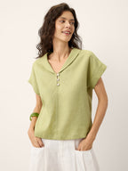 100% Linen Soft Collar Shell Button Rolled Cuff Top HELGA
