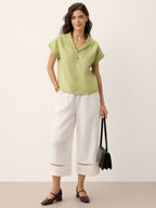 100% Linen Soft Collar Shell Button Rolled Cuff Top HELGA