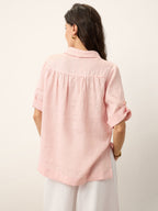 100% Linen Soft Collar Tab Sleeve Top OLGA