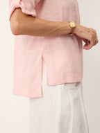 100% Linen Soft Collar Tab Sleeve Top OLGA