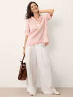 100% Linen Soft Collar Tab Sleeve Top OLGA