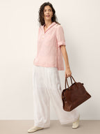 100% Linen Soft Collar Tab Sleeve Top OLGA