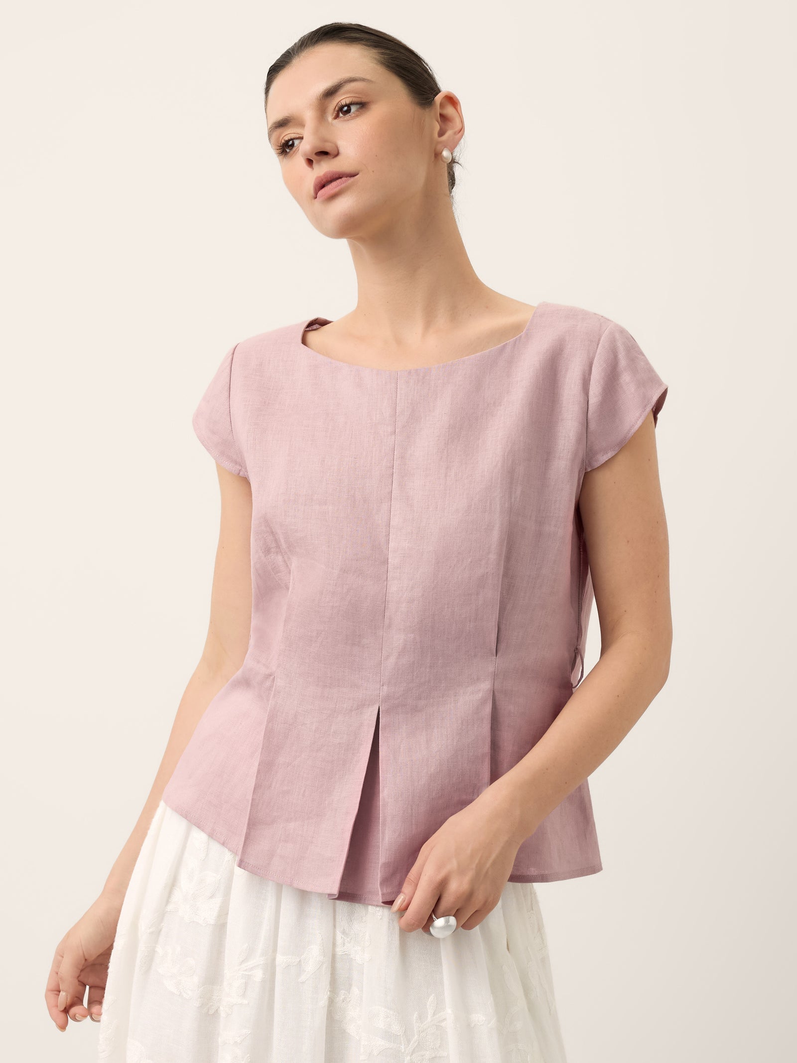 100% Linen Square Neck Tie Waist Top LOUELLA