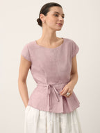 100% Linen Square Neck Tie Waist Top LOUELLA