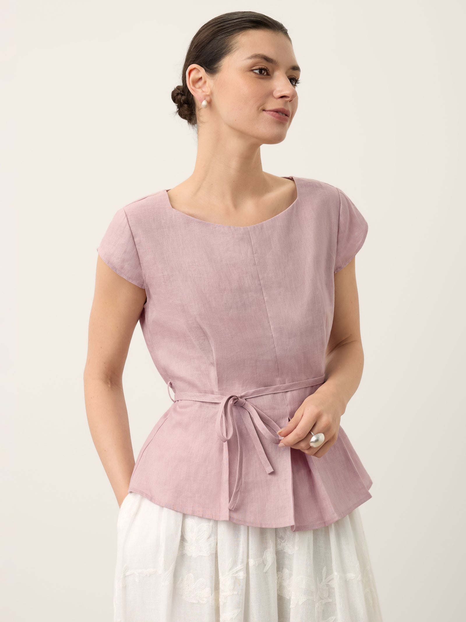 100% Linen Square Neck Tie Waist Top LOUELLA