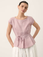 100% Linen Square Neck Tie Waist Top LOUELLA
