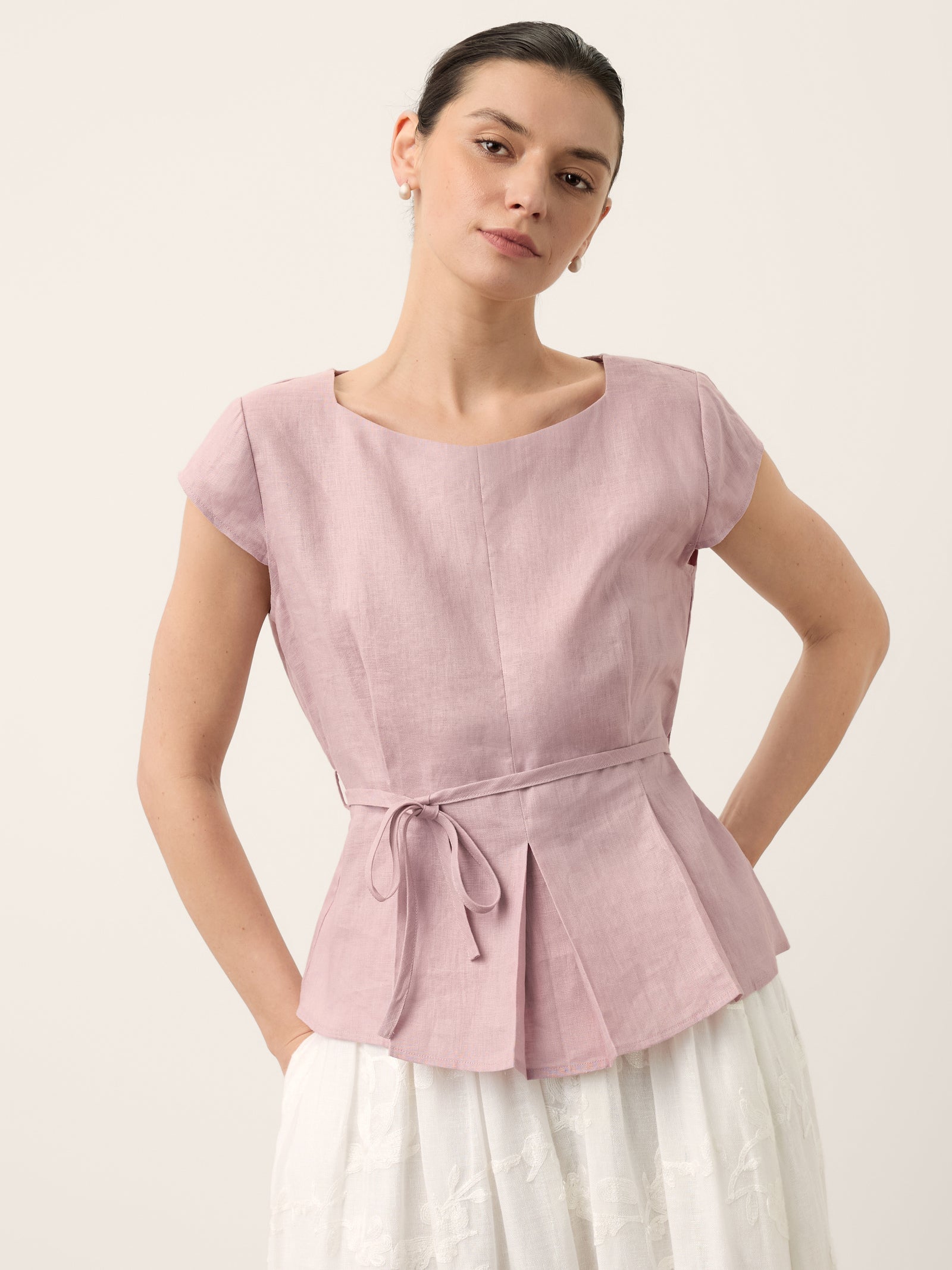 100% Linen Square Neck Tie Waist Top LOUELLA