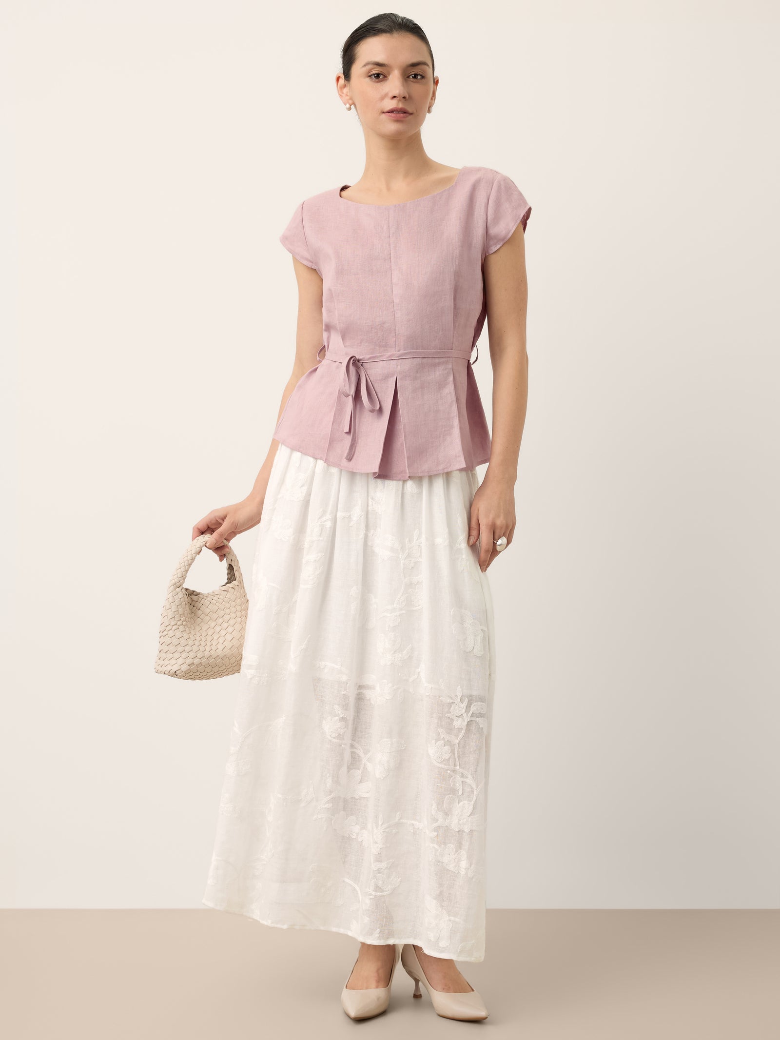 100% Linen Square Neck Tie Waist Top LOUELLA