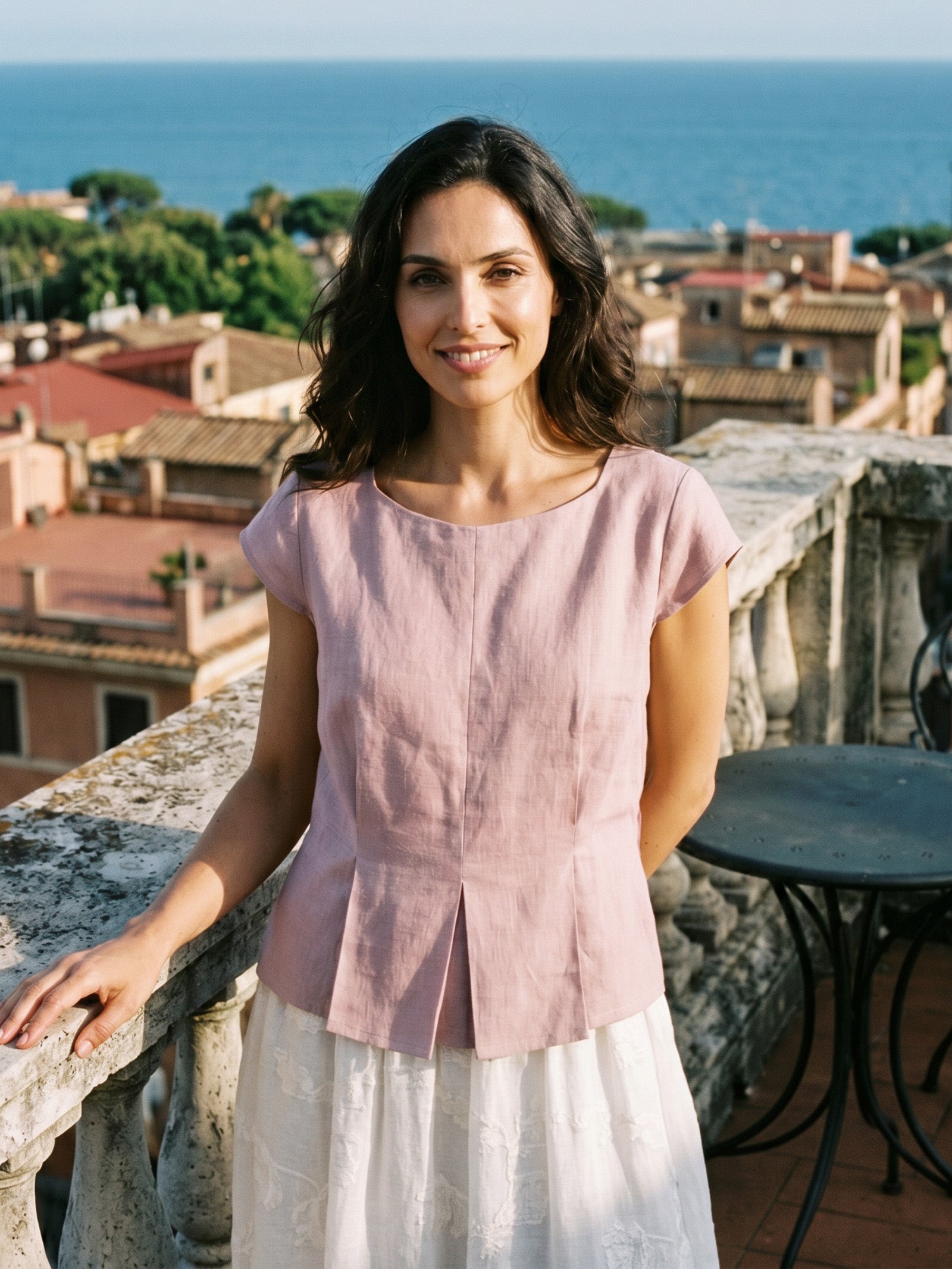 100% Linen Square Neck Tie Waist Top LOUELLA