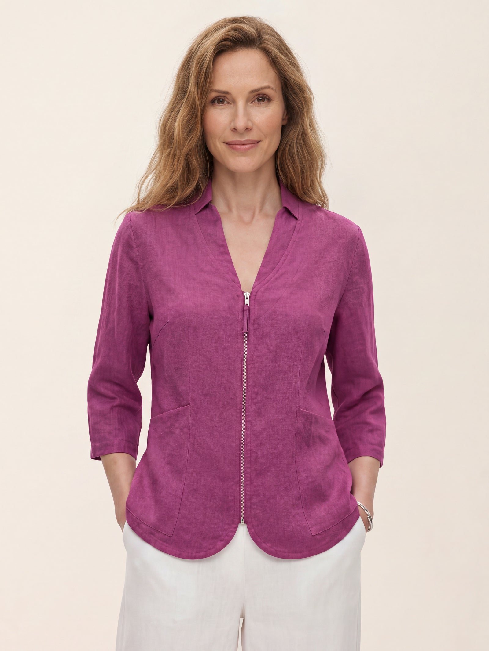 100% Linen Stand Collar Zip Front Jacket MAELLE