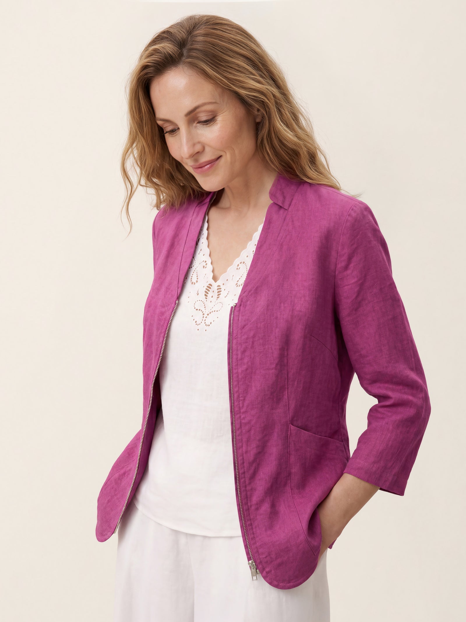 100% Linen Stand Collar Zip Front Jacket MAELLE