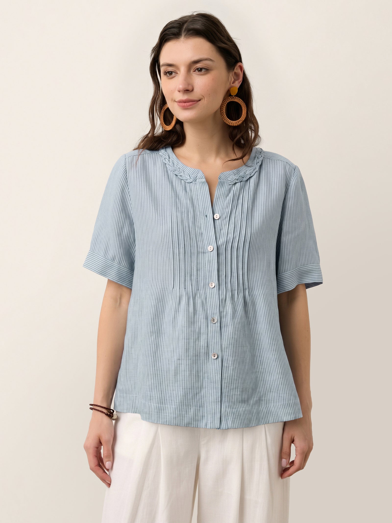 100% Linen Striped Braided Neck Shell Button Top ARDEN
