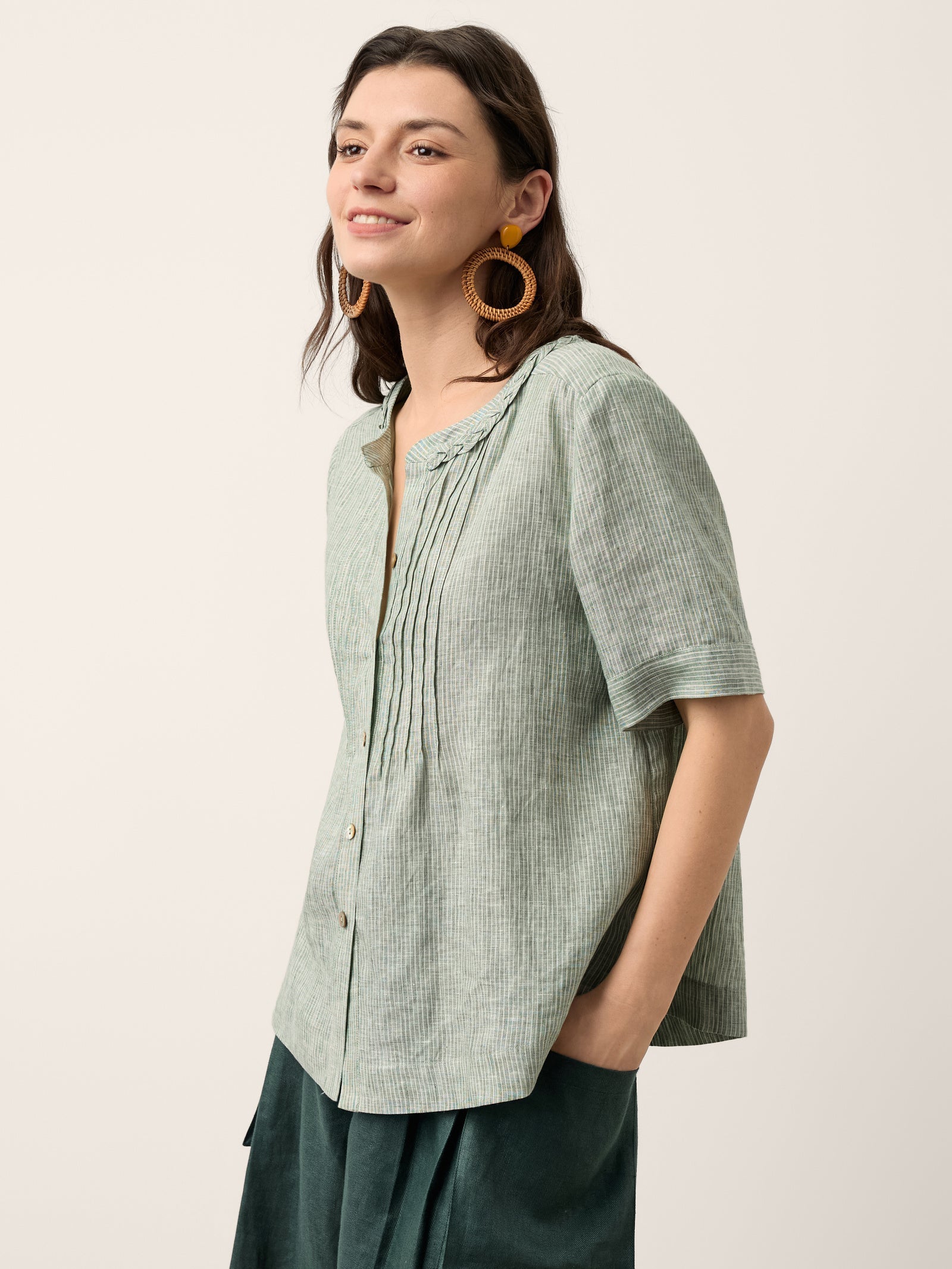 100% Linen Striped Braided Neck Shell Button Top ARDEN