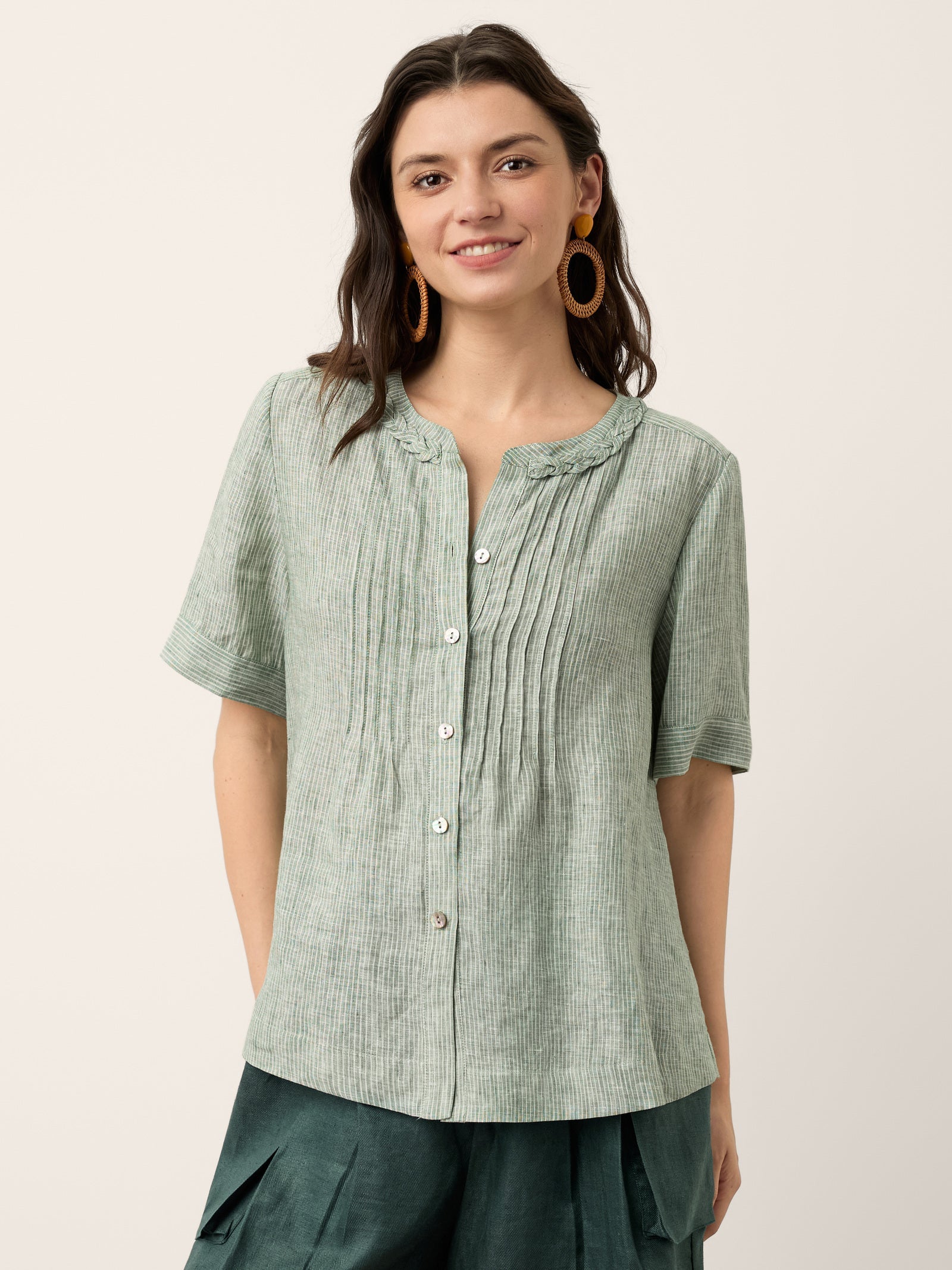 100% Linen Striped Braided Neck Shell Button Top ARDEN