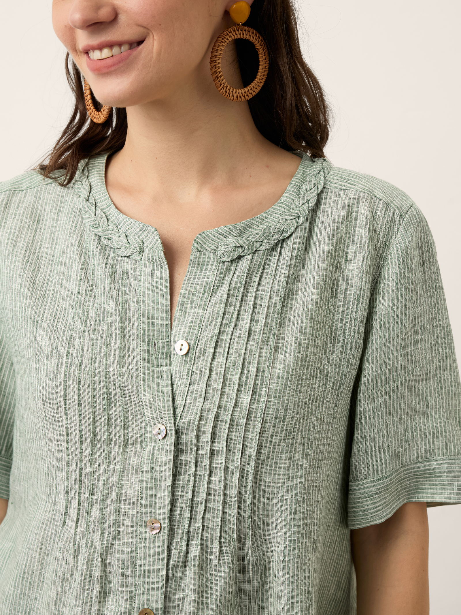 100% Linen Striped Braided Neck Shell Button Top ARDEN