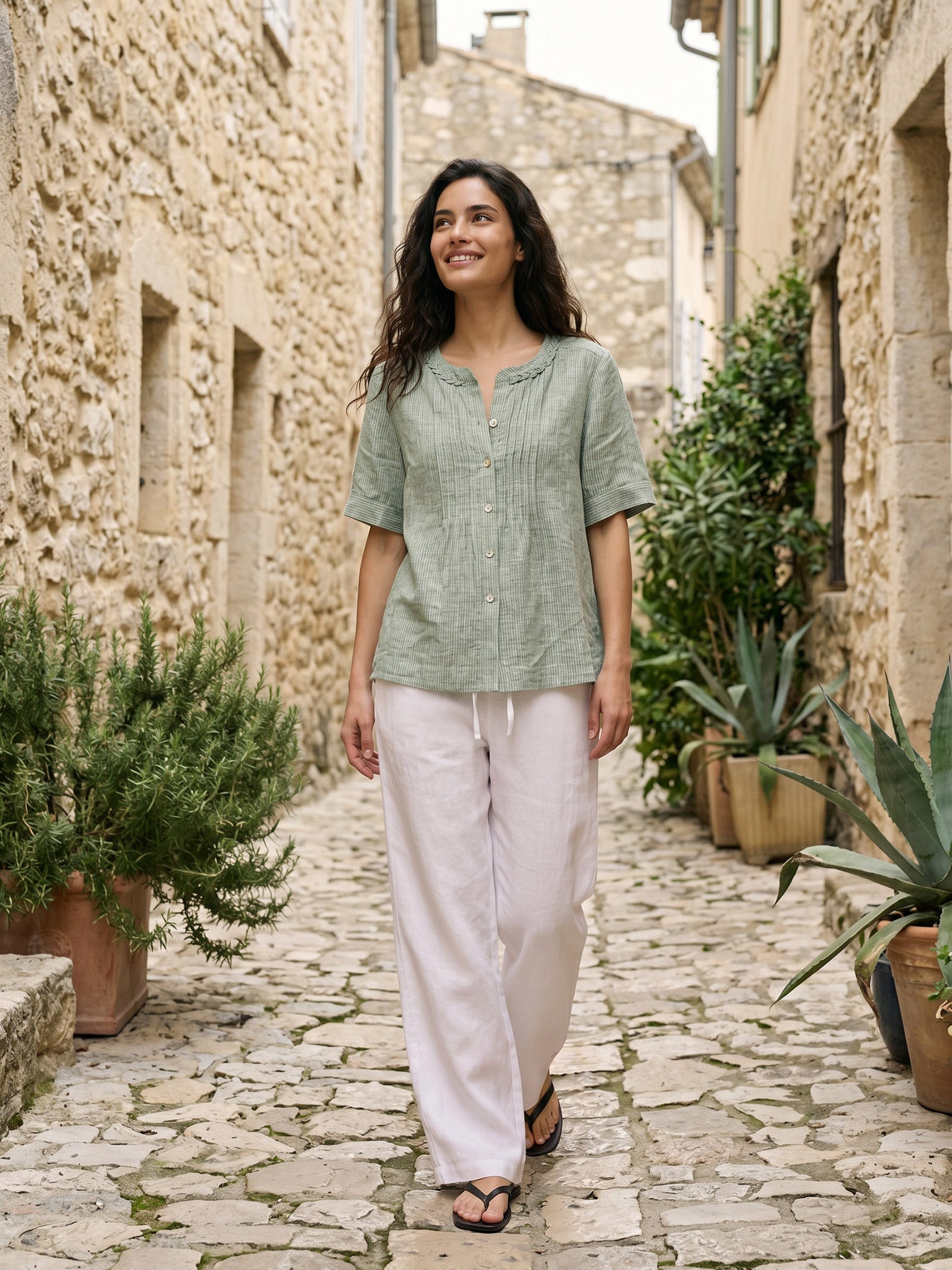 100% Linen Striped Braided Neck Shell Button Top ARDEN