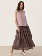 100% Linen Striped Diagonal Pleat Mock Neck Top ESTHER