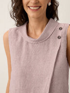 100% Linen Striped Diagonal Pleat Mock Neck Top ESTHER