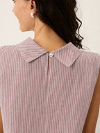 100% Linen Striped Diagonal Pleat Mock Neck Top ESTHER
