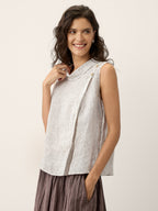 100% Linen Striped Diagonal Pleat Mock Neck Top ESTHER