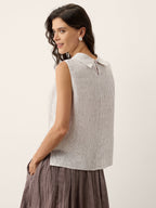 100% Linen Striped Diagonal Pleat Mock Neck Top ESTHER