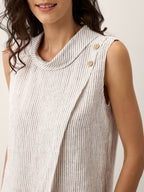 100% Linen Striped Diagonal Pleat Mock Neck Top ESTHER