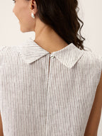 100% Linen Striped Diagonal Pleat Mock Neck Top ESTHER