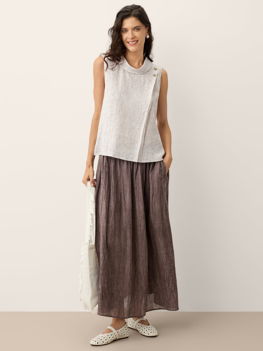 100% Linen Striped Diagonal Pleat Mock Neck Top ESTHER