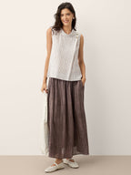 100% Linen Striped Diagonal Pleat Mock Neck Top ESTHER