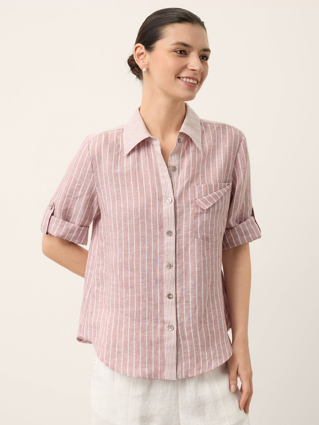 100% Linen Striped Roll Tab Three Quarter Sleeve Shirt MELORA
