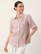 100% Linen Striped Roll Tab Three Quarter Sleeve Shirt MELORA
