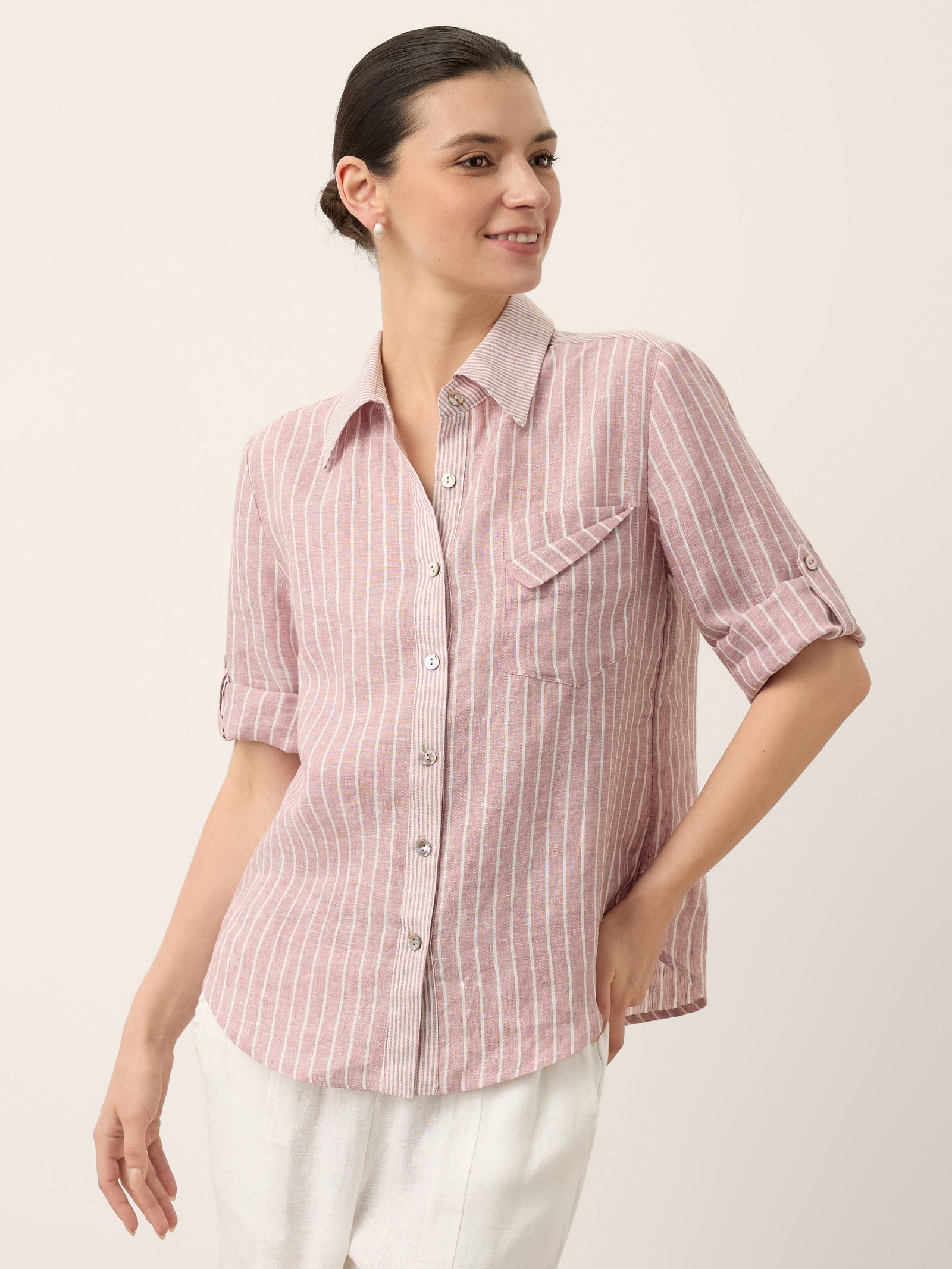 100% Linen Striped Roll Tab Three Quarter Sleeve Shirt MELORA