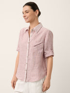 100% Linen Striped Roll Tab Three Quarter Sleeve Shirt MELORA