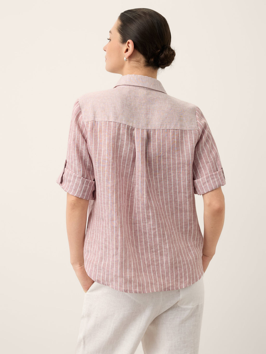 100% Linen Striped Roll Tab Three Quarter Sleeve Shirt MELORA