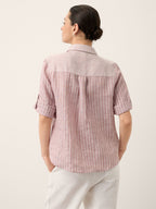 100% Linen Striped Roll Tab Three Quarter Sleeve Shirt MELORA