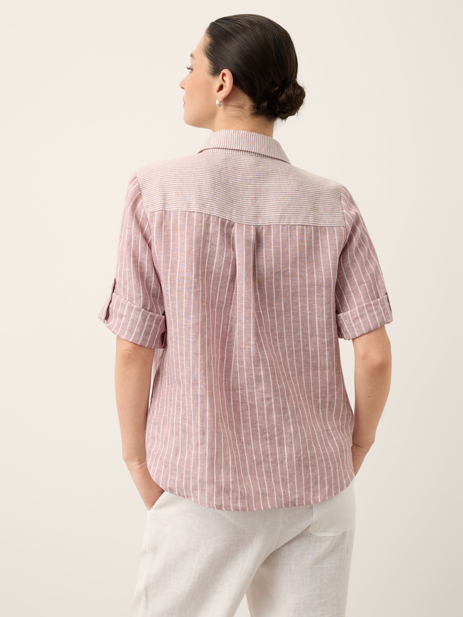 100% Linen Striped Roll Tab Three Quarter Sleeve Shirt MELORA