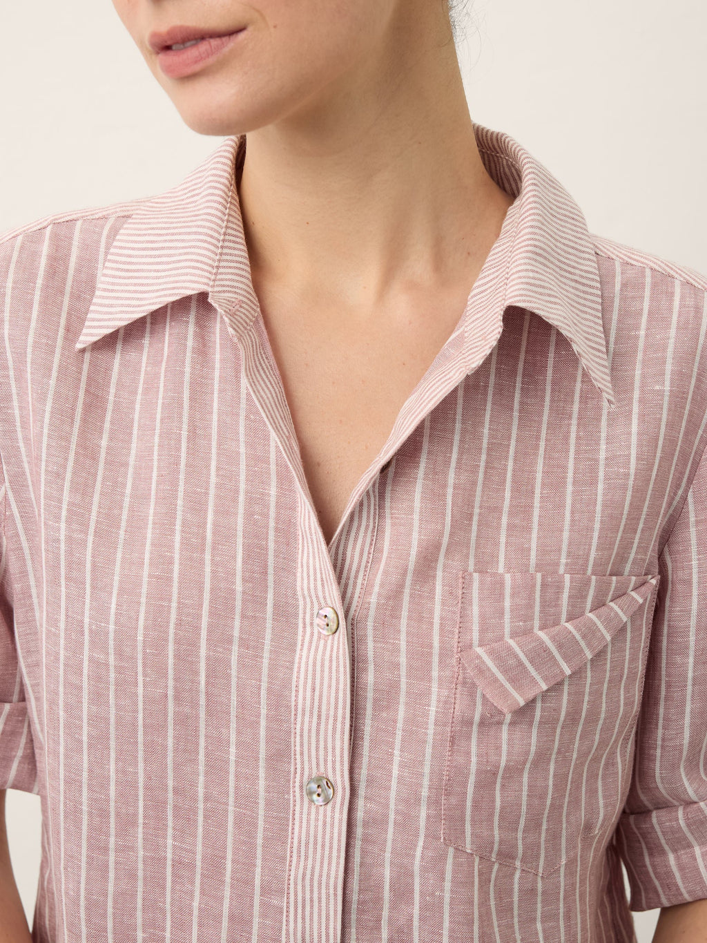 100% Linen Striped Roll Tab Three Quarter Sleeve Shirt MELORA