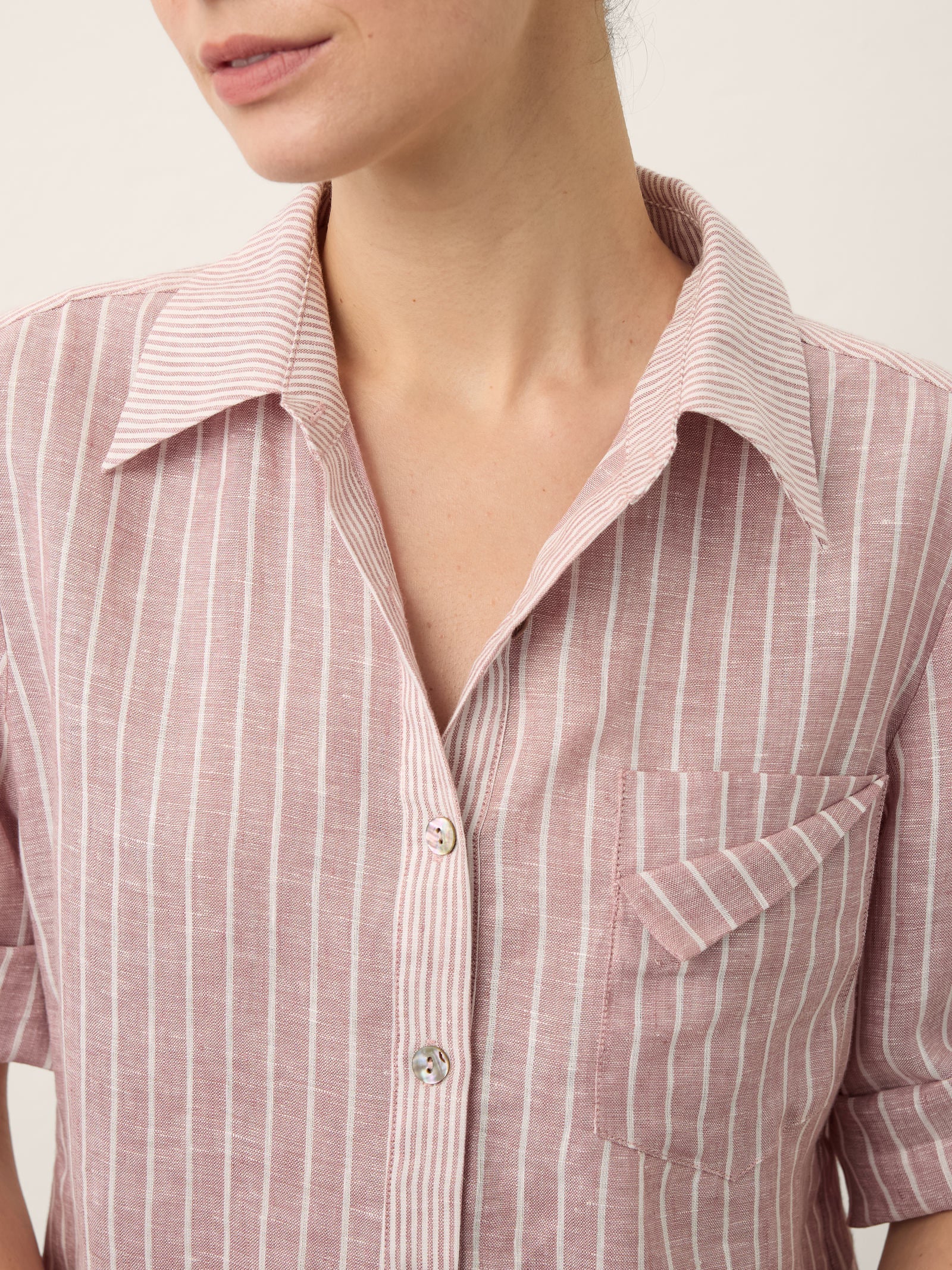 100% Linen Striped Roll Tab Three Quarter Sleeve Shirt MELORA