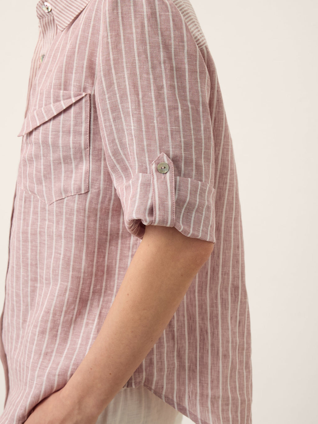100% Linen Striped Roll Tab Three Quarter Sleeve Shirt MELORA