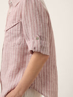 100% Linen Striped Roll Tab Three Quarter Sleeve Shirt MELORA