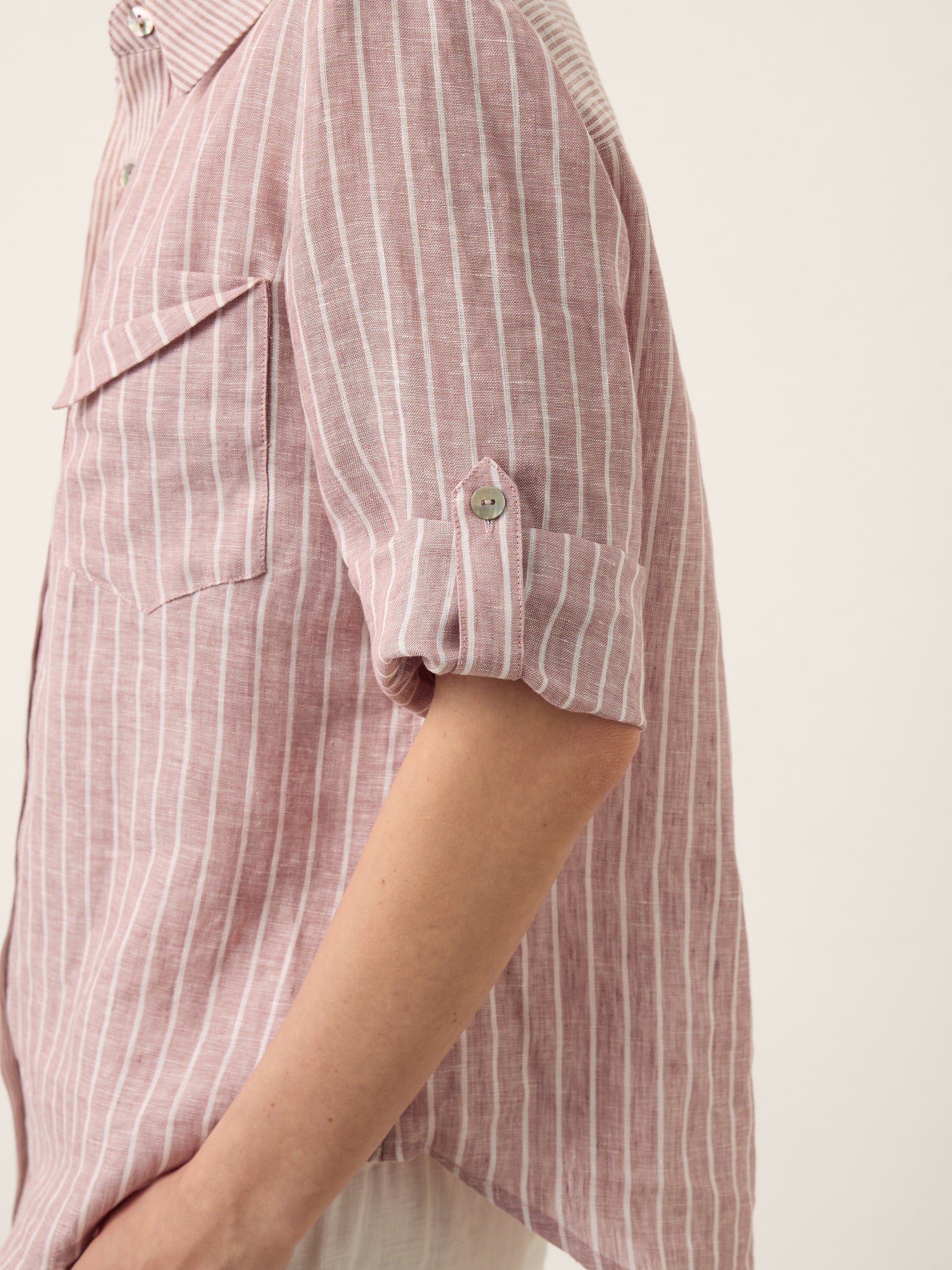 100% Linen Striped Roll Tab Three Quarter Sleeve Shirt MELORA