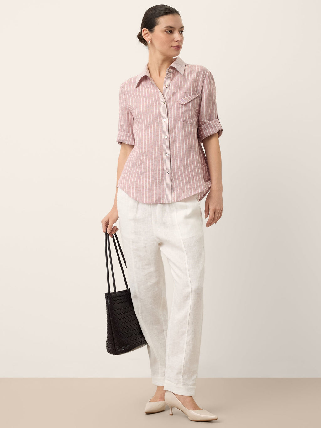 100% Linen Striped Roll Tab Three Quarter Sleeve Shirt MELORA