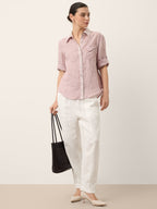 100% Linen Striped Roll Tab Three Quarter Sleeve Shirt MELORA