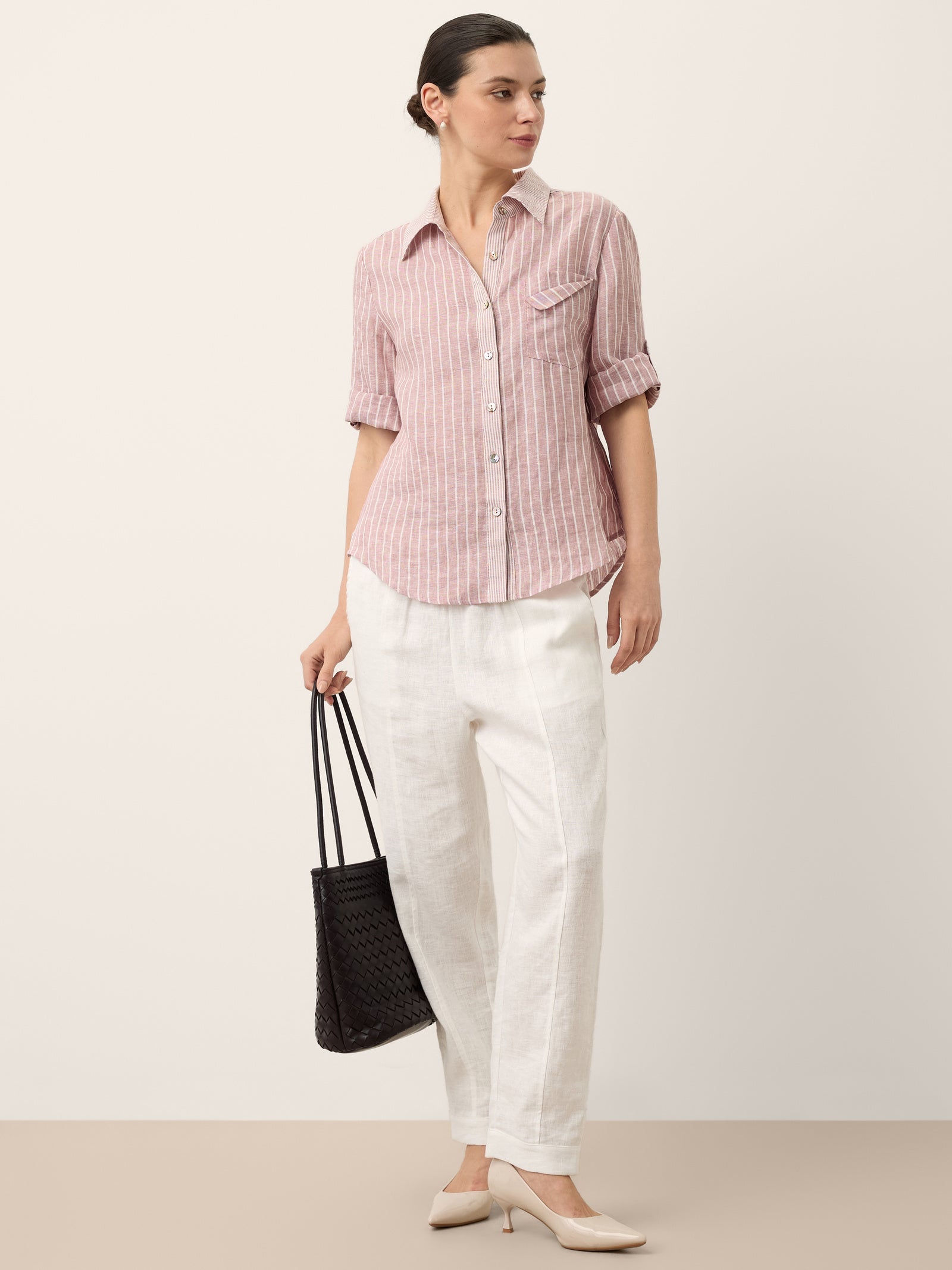 100% Linen Striped Roll Tab Three Quarter Sleeve Shirt MELORA