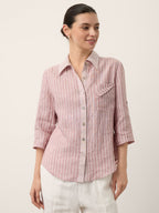 100% Linen Striped Roll Tab Three Quarter Sleeve Shirt MELORA