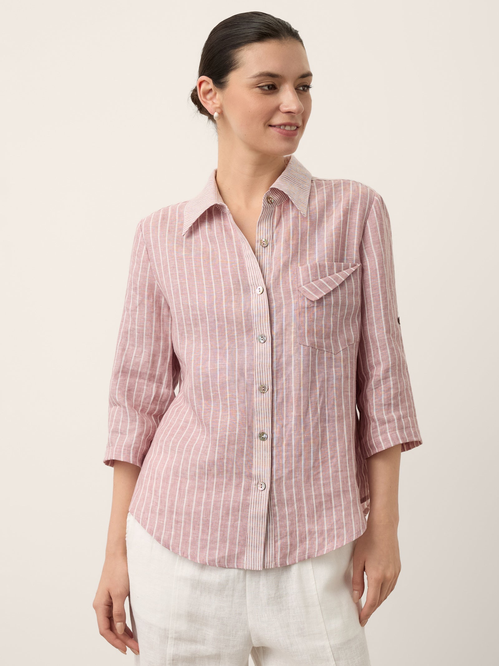 100% Linen Striped Roll Tab Three Quarter Sleeve Shirt MELORA