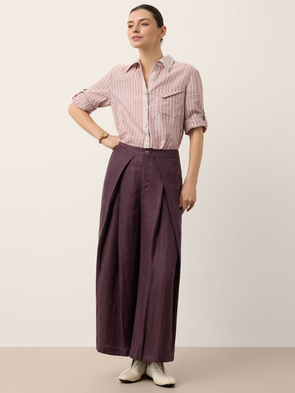 100% Linen Striped Roll Tab Three Quarter Sleeve Shirt MELORA